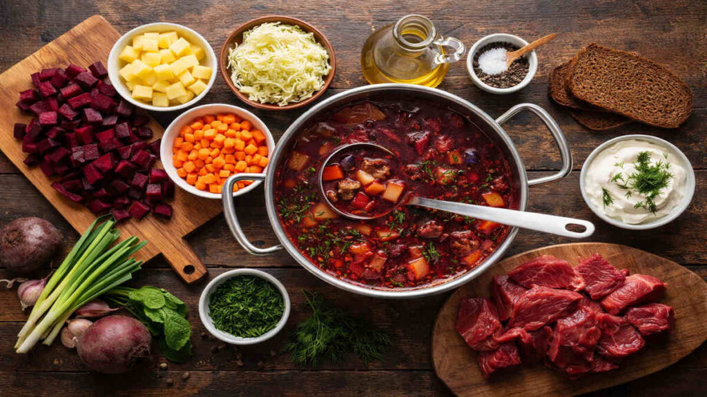 Overhead photo of Borscht soup preparation with chopped vegetables and beef in a pot