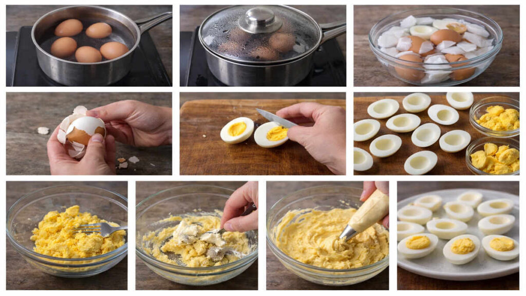 Step-by-step deviled eggs preparation from boiling to filling on a plate
