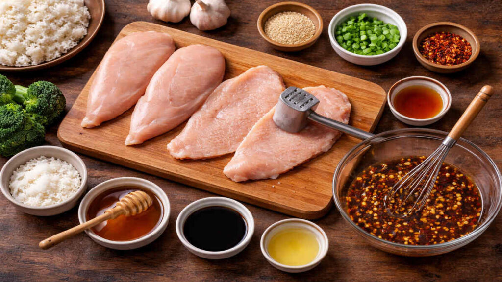 Honey garlic chicken breast preparation with raw chicken cutlets, garlic, honey, soy sauce, and sauce mixture in a bowl