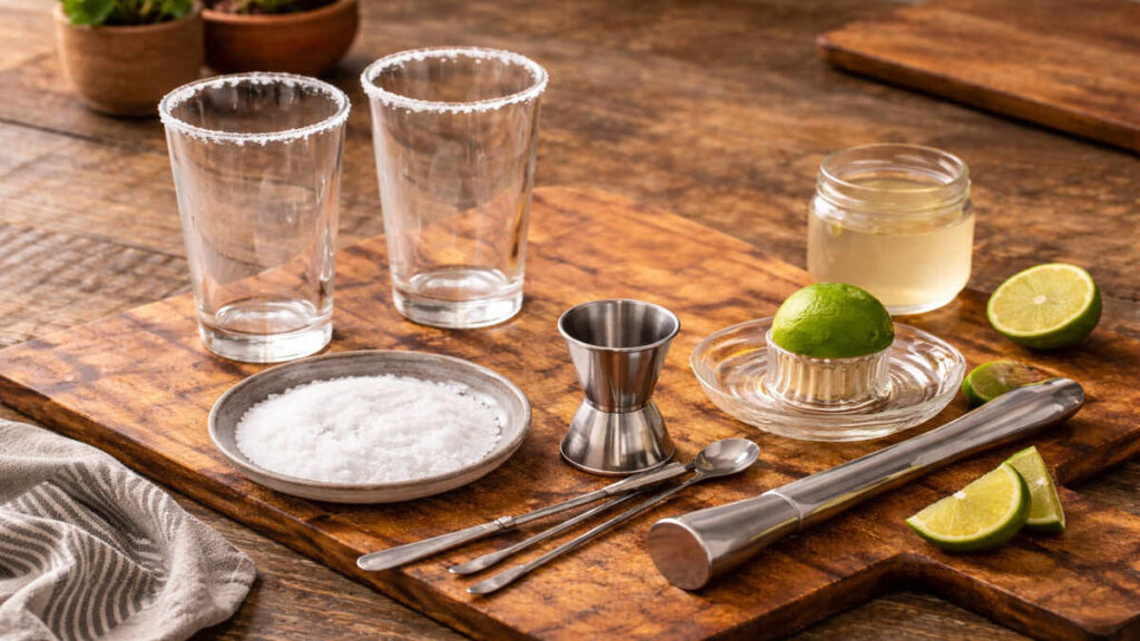 Paloma cocktail-making equipment with salt-rim glasses, jigger, spoons, lime and muddler on a wooden board.