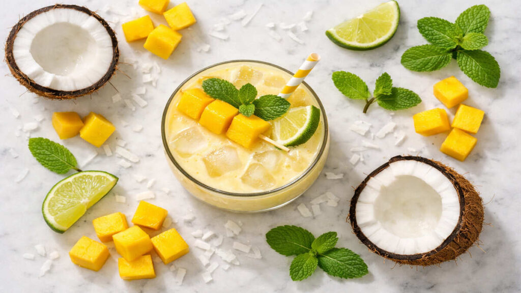 Top-down flat lay of a creamy mango colada mocktail with mango, coconut, lime, and mint on white marble.