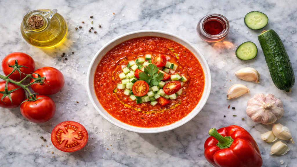 Top-down flat lay of Gazpacho Soup Recipe with fresh tomatoes, cucumber, garlic and olive oil