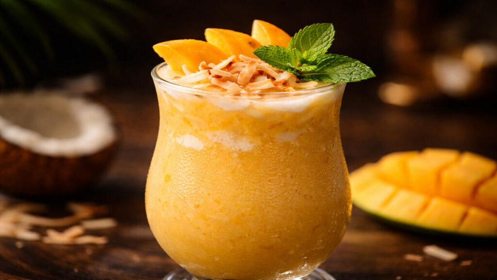 Mango coconut mocktail recipe in glasses garnished with mango, lime, coconut flakes, and cherry
