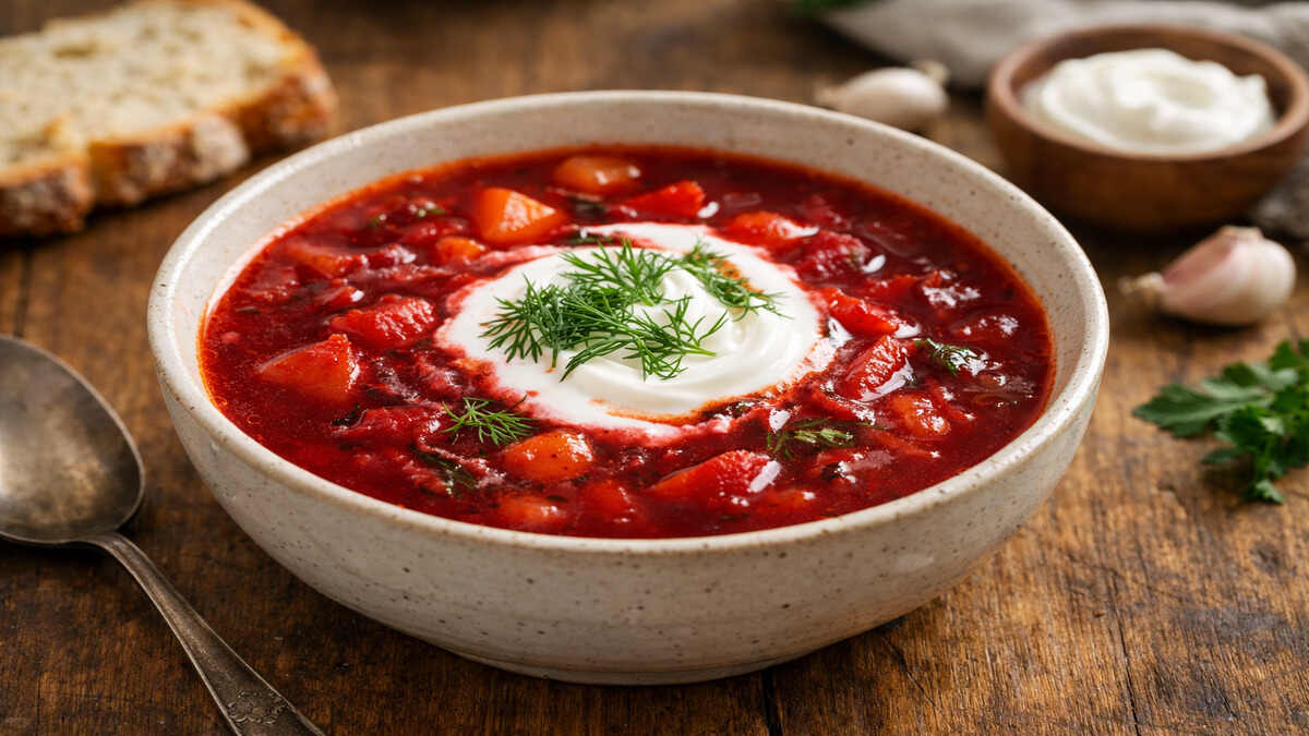 Borscht Soup Recipe hero image with beetroot, potatoes, carrots, and beef in a cooking pot