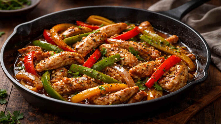 Chicken Pepper Stir Fry in a pan with bell peppers and black pepper