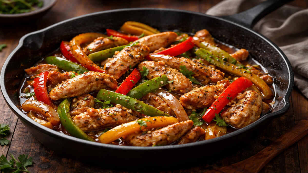 Chicken Pepper Stir Fry in a pan with bell peppers and black pepper