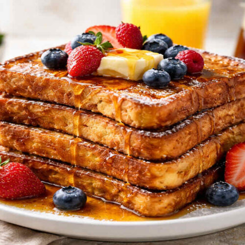 Golden French toast recipe topped with butter, syrup and berries