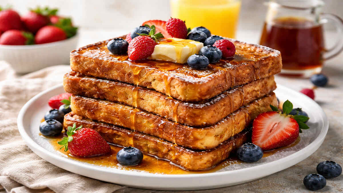 Golden French toast recipe topped with butter, syrup and berries