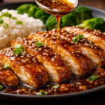 Honey garlic chicken breast sliced and glazed with sticky honey garlic sauce, served with rice and broccoli