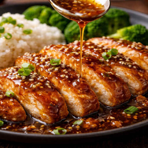 Honey garlic chicken breast sliced and glazed with sticky honey garlic sauce, served with rice and broccoli