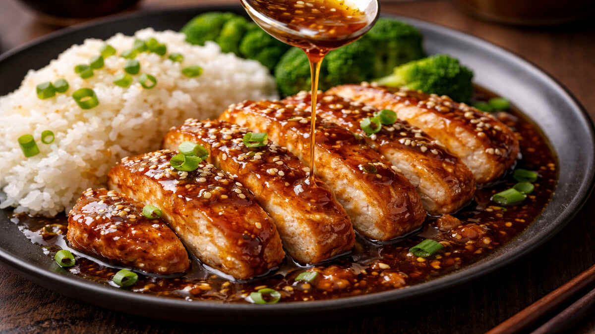 Honey garlic chicken breast sliced and glazed with sticky honey garlic sauce, served with rice and broccoli
