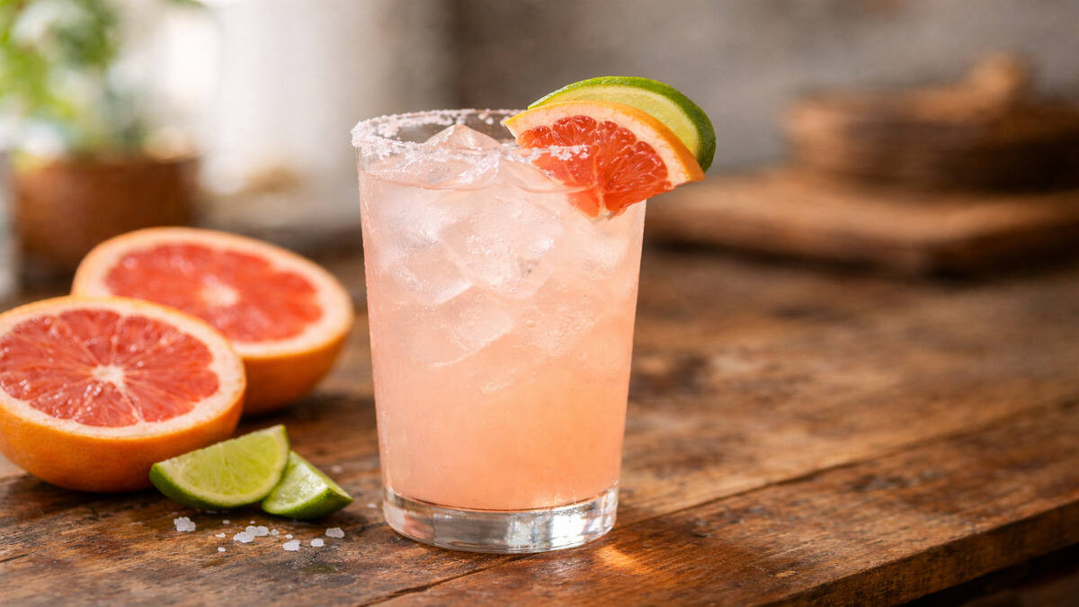 Paloma cocktail in a highball glass with ice, grapefruit slice, lime wedge, and salt rim on a rustic wooden table.