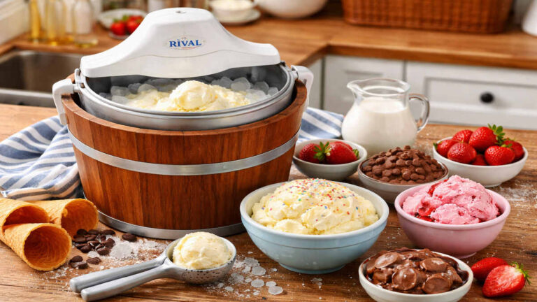Rival ice cream maker churning vanilla ice cream on a wooden kitchen counter with bowls of toppings in a cozy home kitchen, 16:9 featured image.