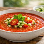 Fresh red gazpacho soup topped with cucumber, cherry tomatoes and olive oil