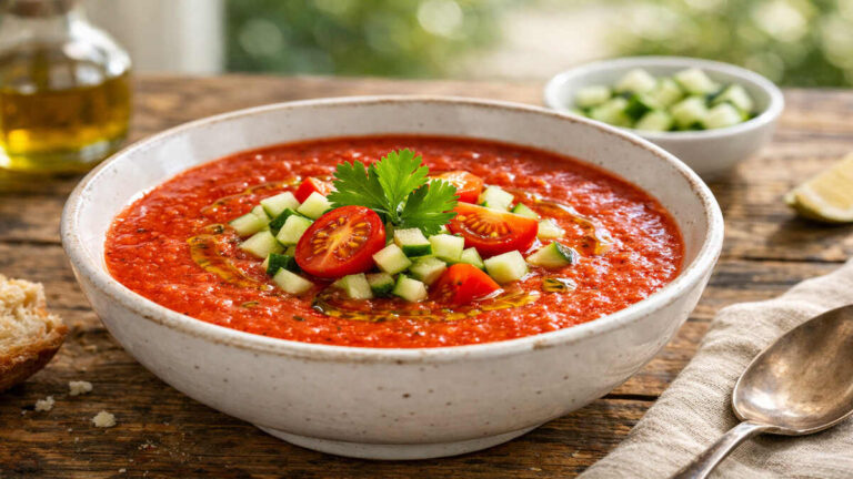 Fresh red gazpacho soup topped with cucumber, cherry tomatoes and olive oil
