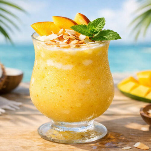 Mango coconut mocktail (Mango Colada) in a chilled glass with mango and mint garnish