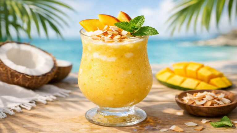 Mango coconut mocktail (Mango Colada) in a chilled glass with mango and mint garnish